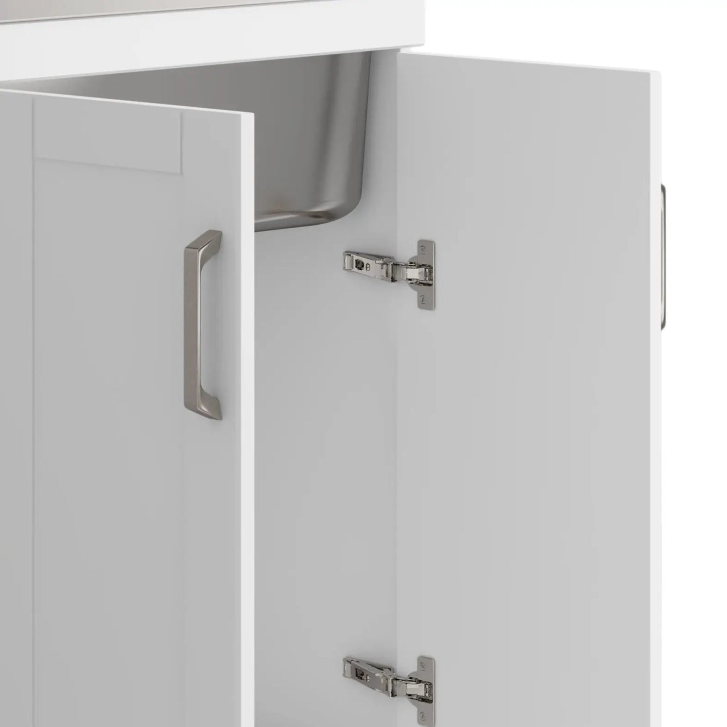 Kyle two-door white laundry vanity cabinet with stainless steel sink and brushed metal handles on Tampa Home & Garden Store