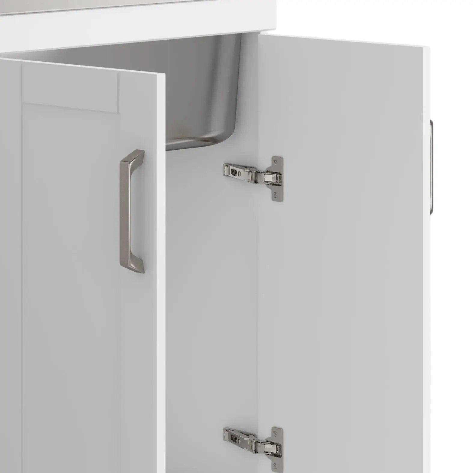 Kyle two-door white laundry vanity cabinet with stainless steel sink and brushed metal handles on Tampa Home & Garden Store