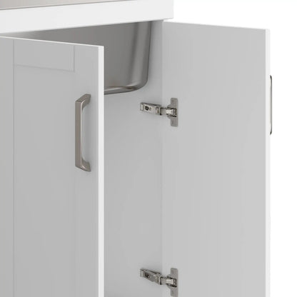 Kyle two-door white laundry vanity cabinet with stainless steel sink and brushed metal handles on Tampa Home & Garden Store