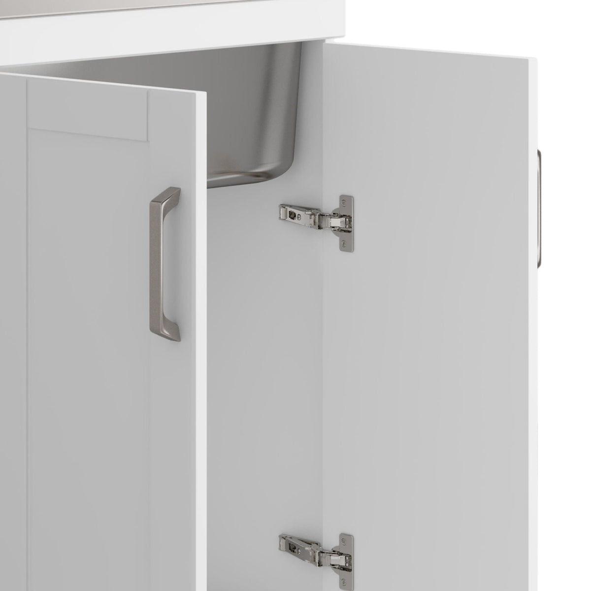White laundry cabinet with stainless steel sink, open doors, brushed nickel handles on Tampa Home & Garden Store