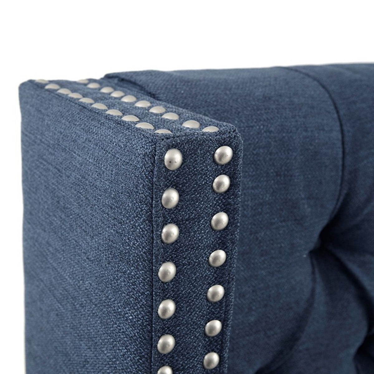 Upholstered headboard in blue denim with silver nailhead trim, queen size on Tampa Home & Garden Store