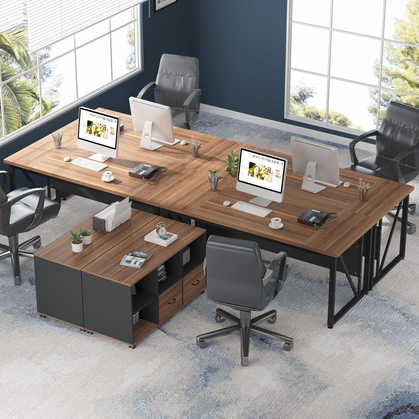 Group of brown and black L-shaped executive desks with mobile file cabinets and drawers on Tampa Home & Garden Store