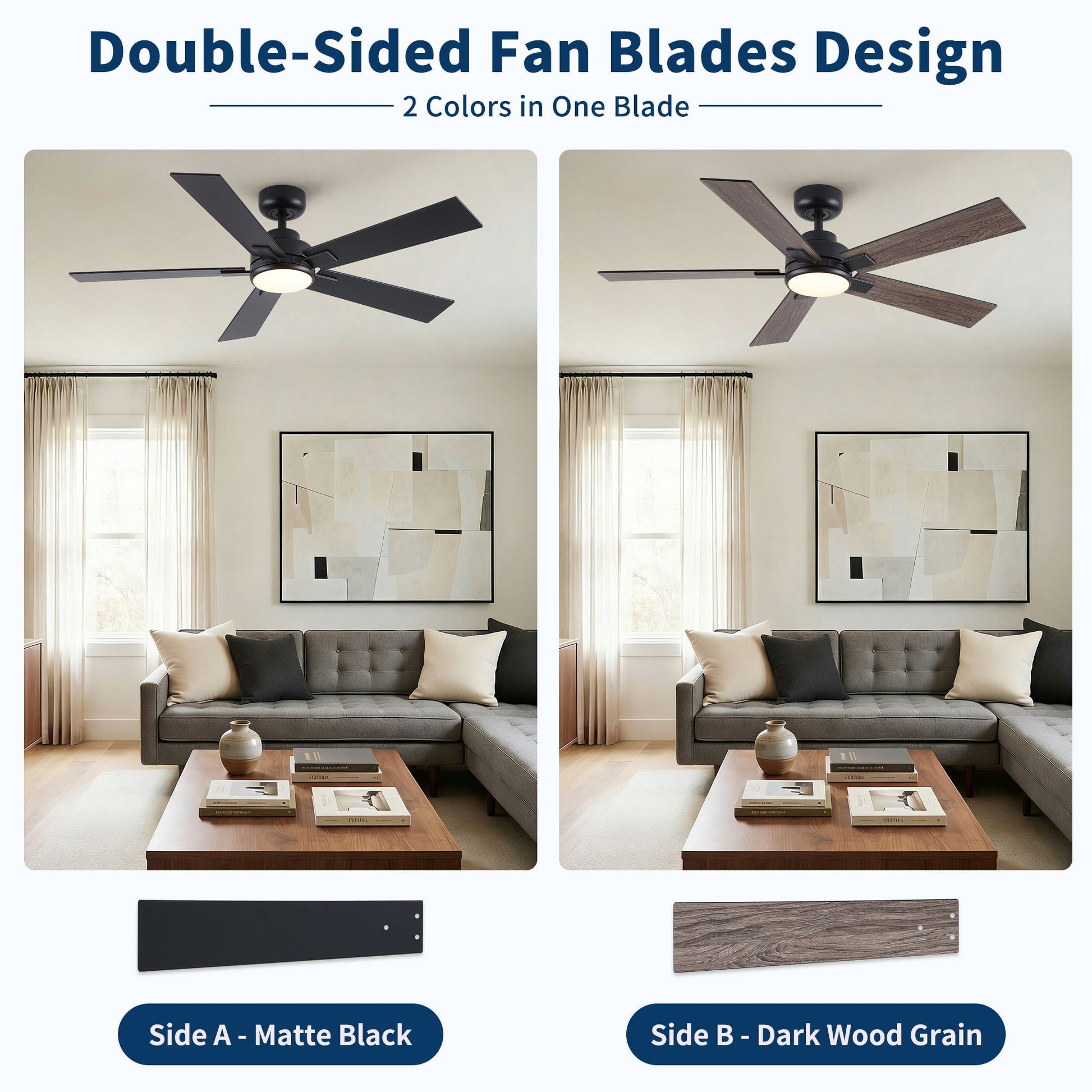 Ceiling fan with LED light by HouseOfZazla; reversible blades matte black and dark wood on Tampa Home & Garden Store
