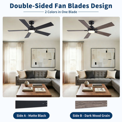 Ceiling fan with LED light by HouseOfZazla; reversible blades matte black and dark wood on Tampa Home & Garden Store