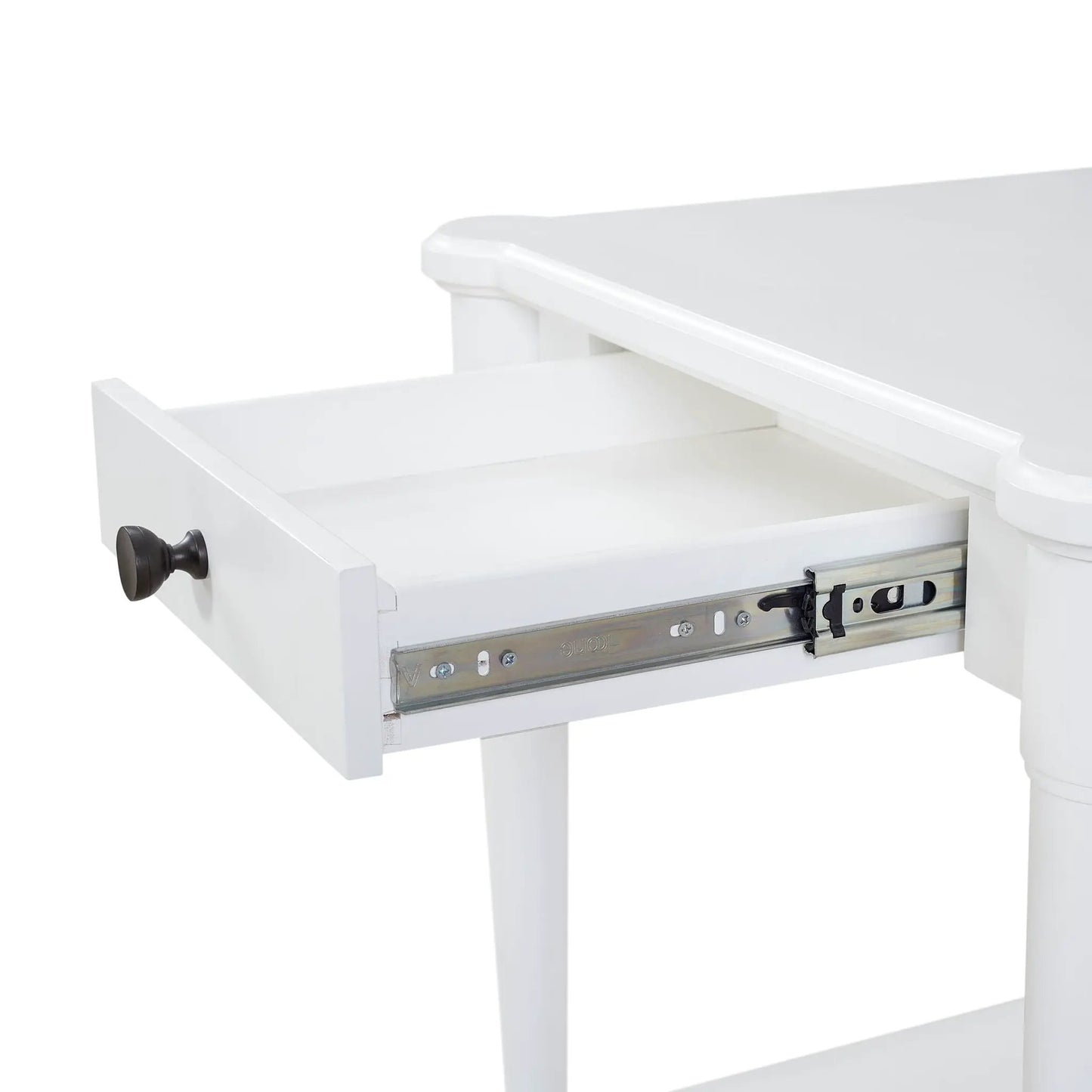 End table with storage drawer in white, black knob and metal drawer slides on Tampa Home & Garden Store