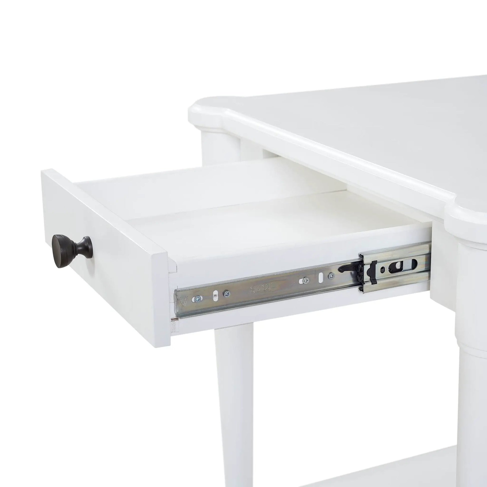 End table with storage drawer in white, black knob and metal drawer slides on Tampa Home & Garden Store