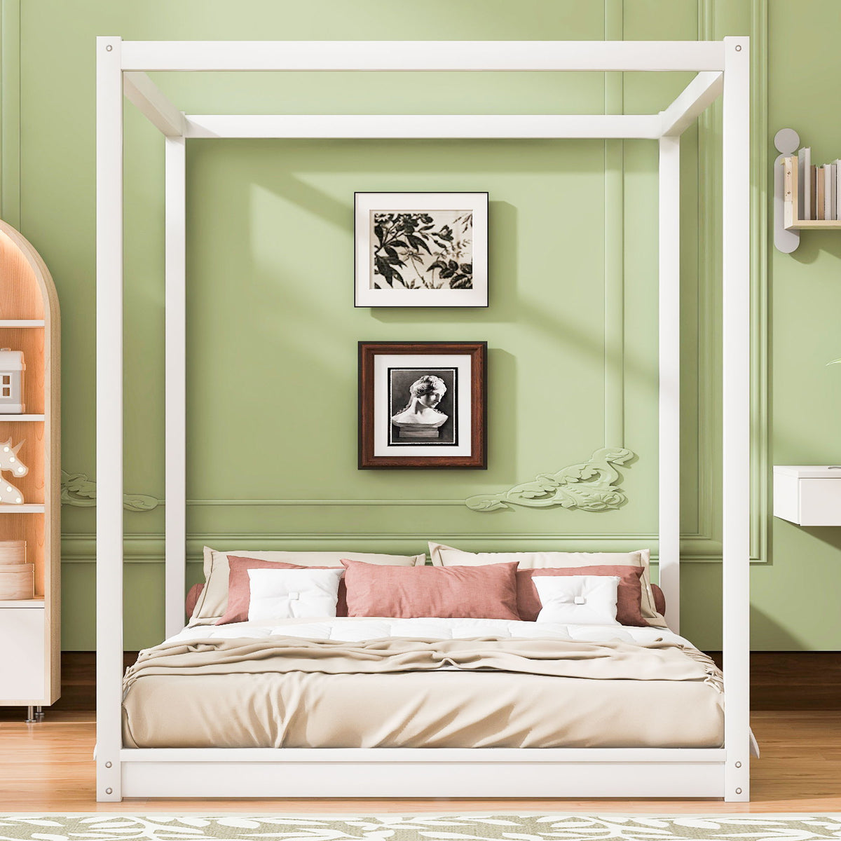 White wood canopy platform bed with airflow slats and sturdy support legs by HouseOfZazla on Tampa Home & Garden Store