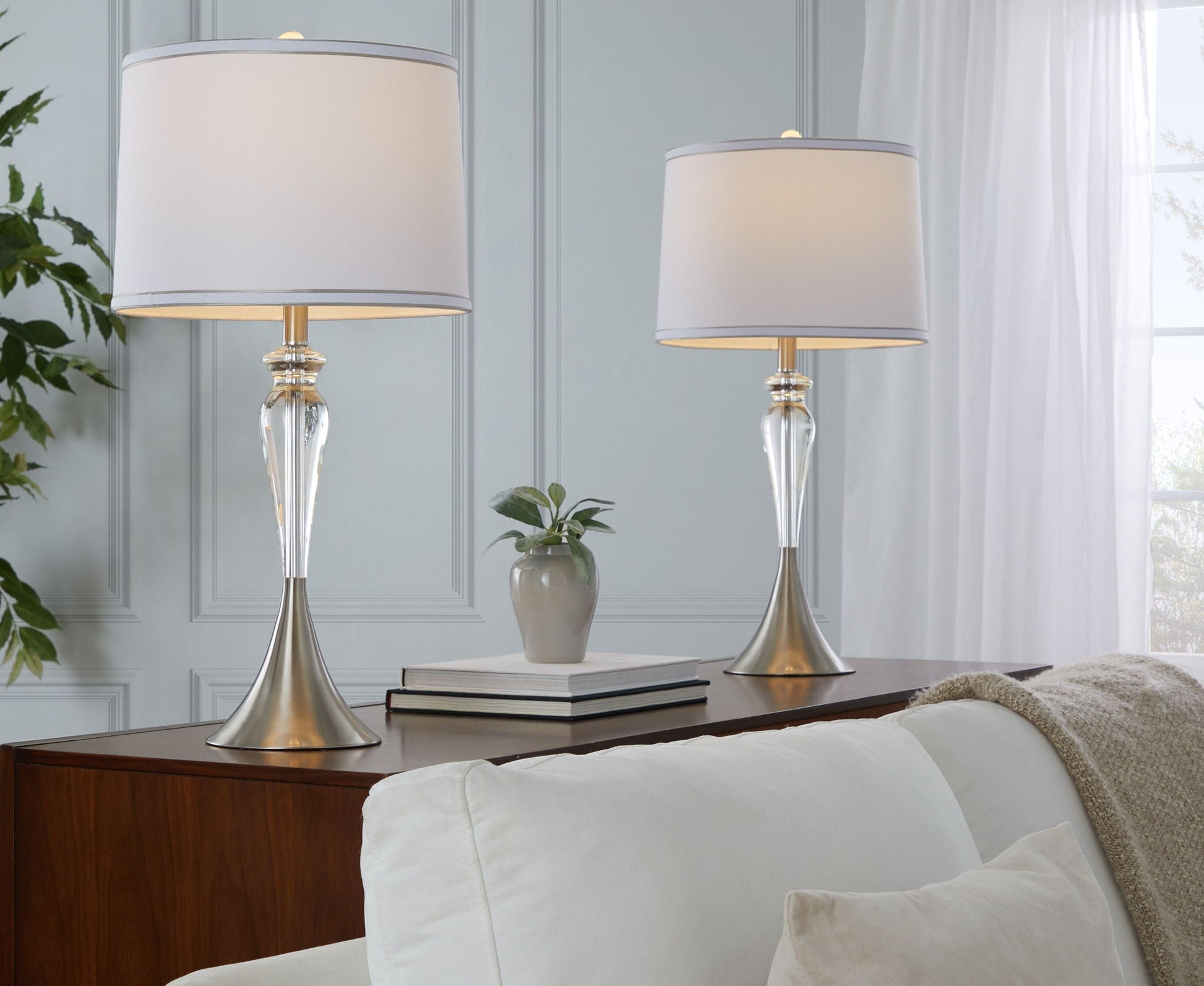 Ashland Contemporary Crystal Table Lamp Set of 2 with clear crystal stems, nickel accents, white shades on Tampa Home & Garden Store