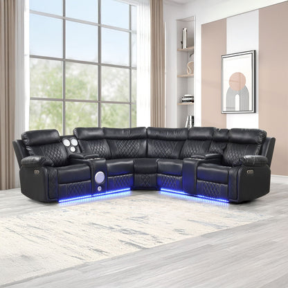 Lacrosse power reclining sectional sofa in black leather by HouseOfZazla with LED base lighting on Tampa Home & Garden Store