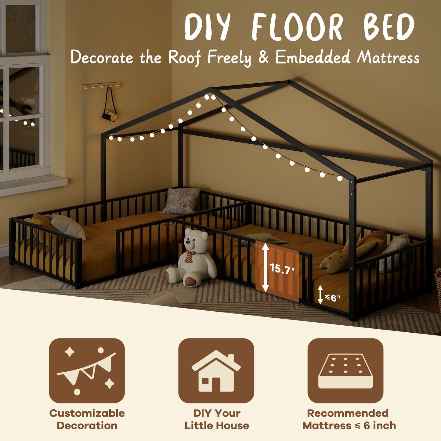 L-shaped Montessori bed for 2 kids with partitioned fence, black metal frame, string lights on Tampa Home & Garden Store