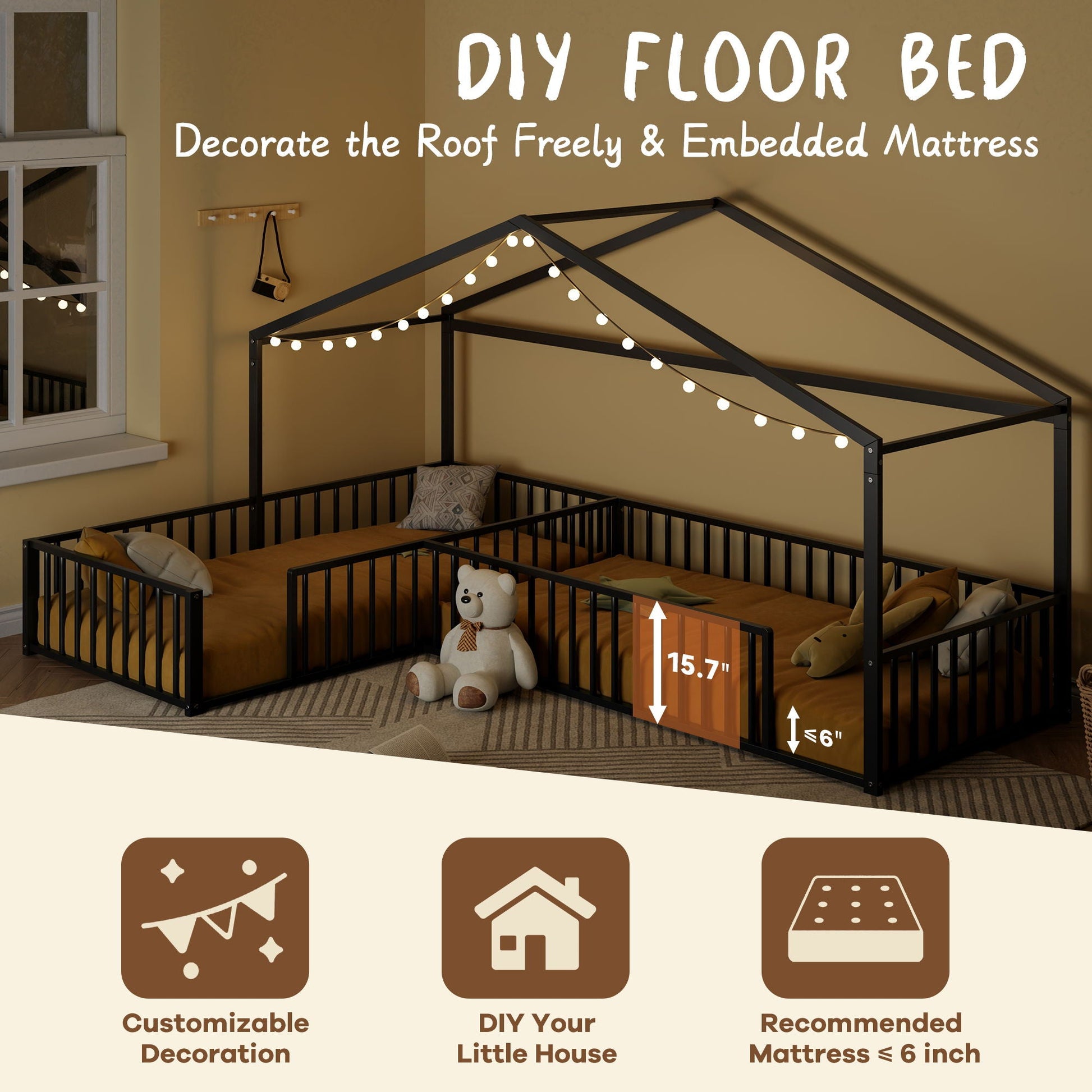 L-shaped Montessori bed for 2 kids with partitioned fence, black metal frame, string lights on Tampa Home & Garden Store