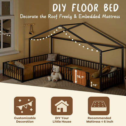 L-shaped Montessori bed for 2 kids with partitioned fence, black metal frame, string lights on Tampa Home & Garden Store