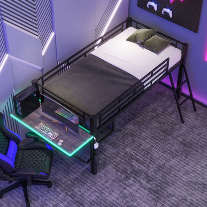 Gaming twin loft bed with desk and LED in black metal frame by HouseOfZazla; desk with RGB on Tampa Home & Garden Store