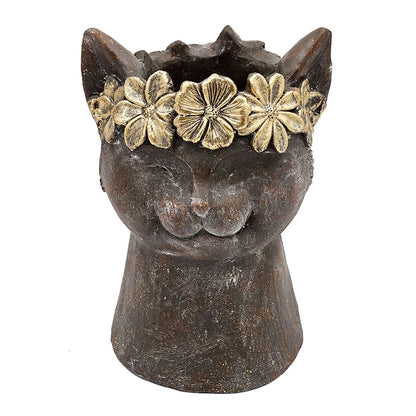 Magnesium cat statue planter with textured dark finish and gold floral crown HouseOfZazla on Tampa Home & Garden Store
