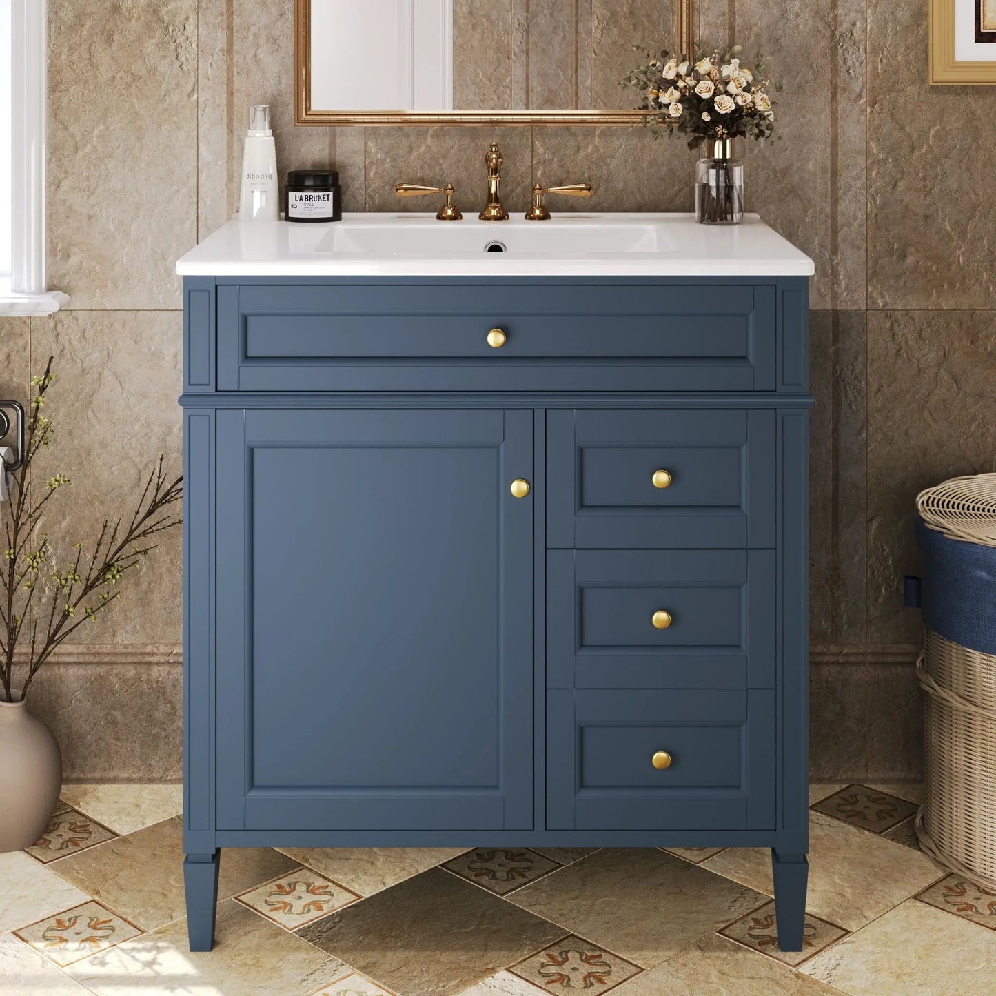Bathroom vanity with top sink, blue cabinet, white countertop, brass faucet 2 drawers incl tipout on Tampa Home & Garden Store
