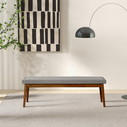 Ash Gray Upholstered Bench with Solid Wood Base, gray fabric and tapered wood legs on Tampa Home & Garden Store