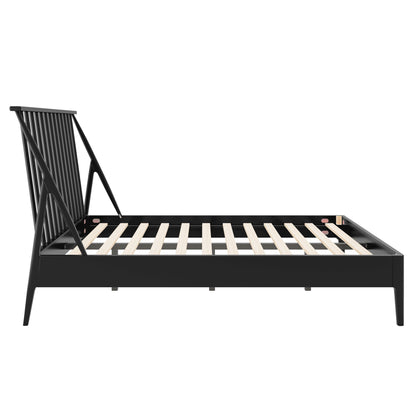 Bohemian Platform Bed With Tall Headboard in black metal frame with wooden slats on Tampa Home & Garden Store