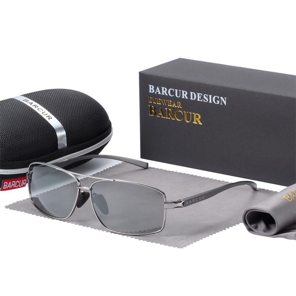 Rectangular polarized sunglasses with Barcur metal silver frame gray lenses case and box on Tampa Home & Garden Store