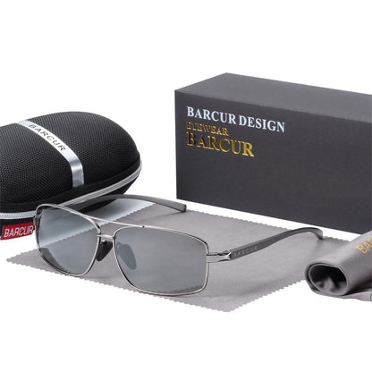 Rectangular polarized sunglasses with Barcur metal silver frame gray lenses case and box on Tampa Home & Garden Store