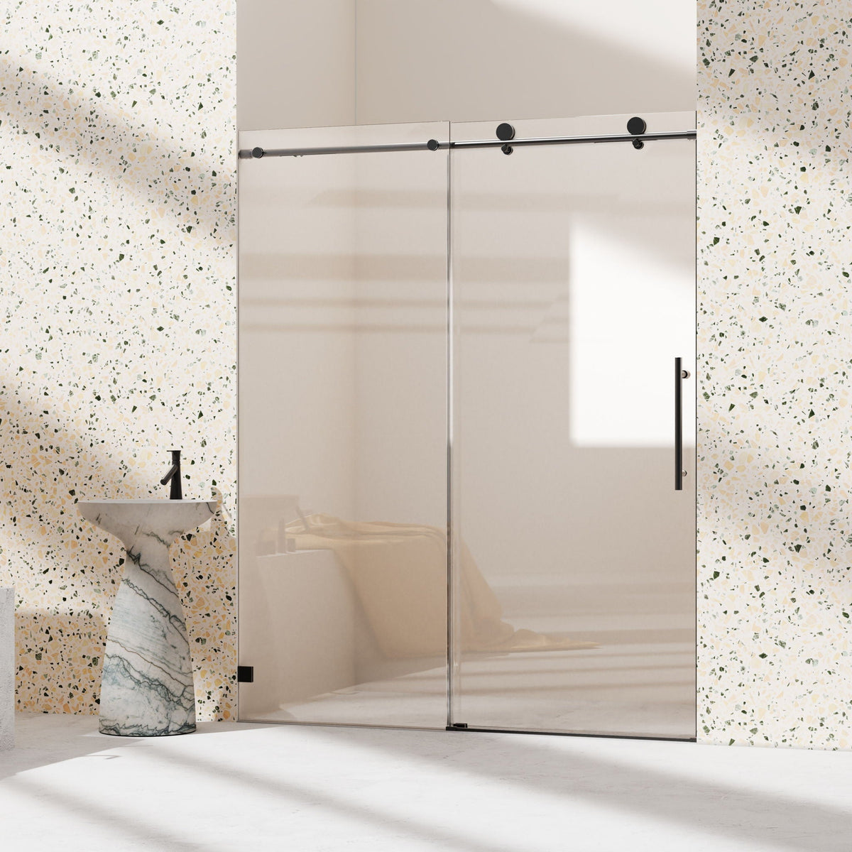 Frameless single sliding shower doors by HouseOfZazla with black hardware on Tampa Home & Garden Store