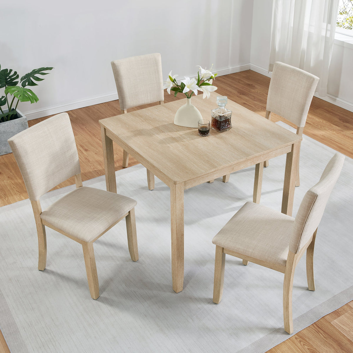Modern 5-Piece Wooden Dining Table Set with Upholstered Chairs in light oak; 4 beige chairs on Tampa Home & Garden Store