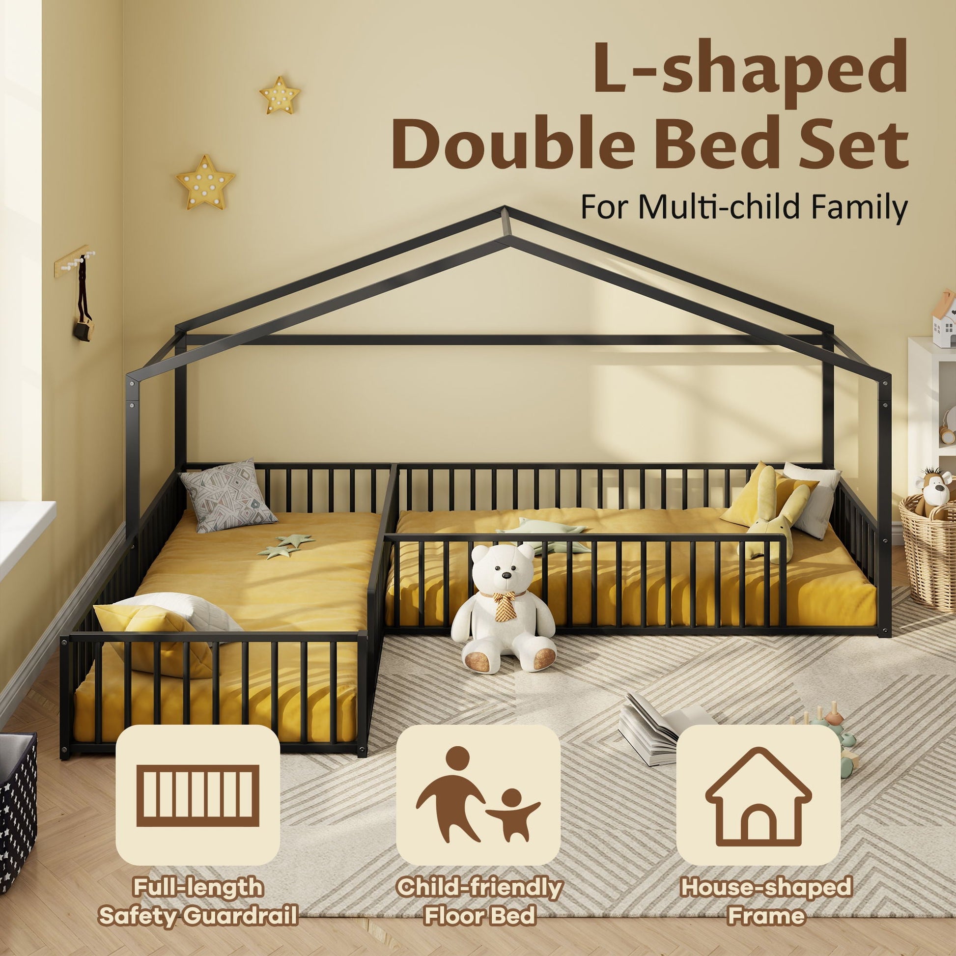 L-shaped Montessori bed for 2 kids with partitioned fence, black frame, yellow bedding on Tampa Home & Garden Store