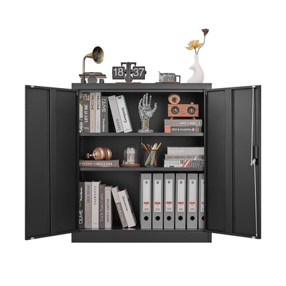 Metal storage cabinet with locking doors and adjustable shelf with magazines and binders on Tampa Home & Garden Store