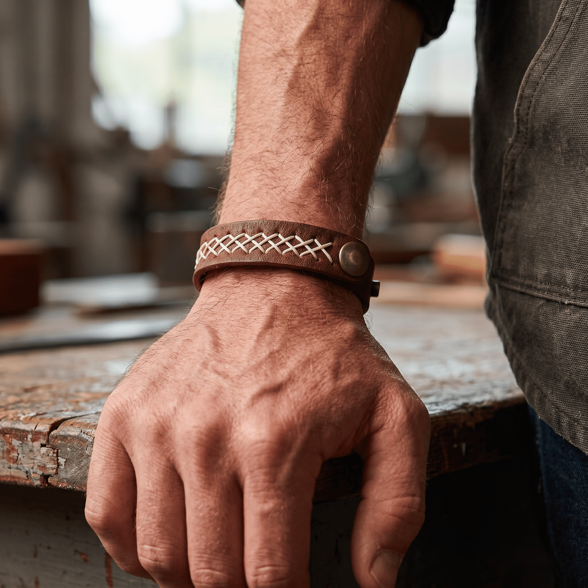 Cross Stitch Cuff leather wrist bracelet brown with white cross-stitch by Will Leather Goods on Tampa Home & Garden Store