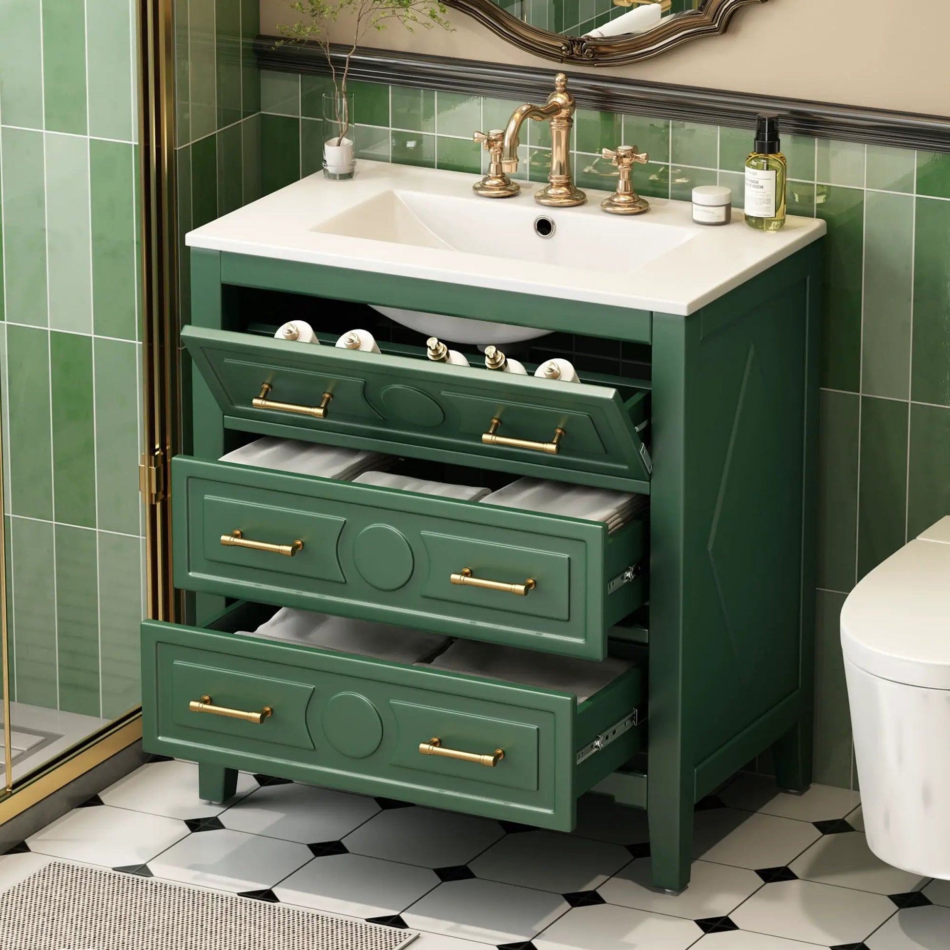 Retro bathroom vanity with sink, emerald green freestanding unit with 3 drawers brass handles on Tampa Home & Garden Store