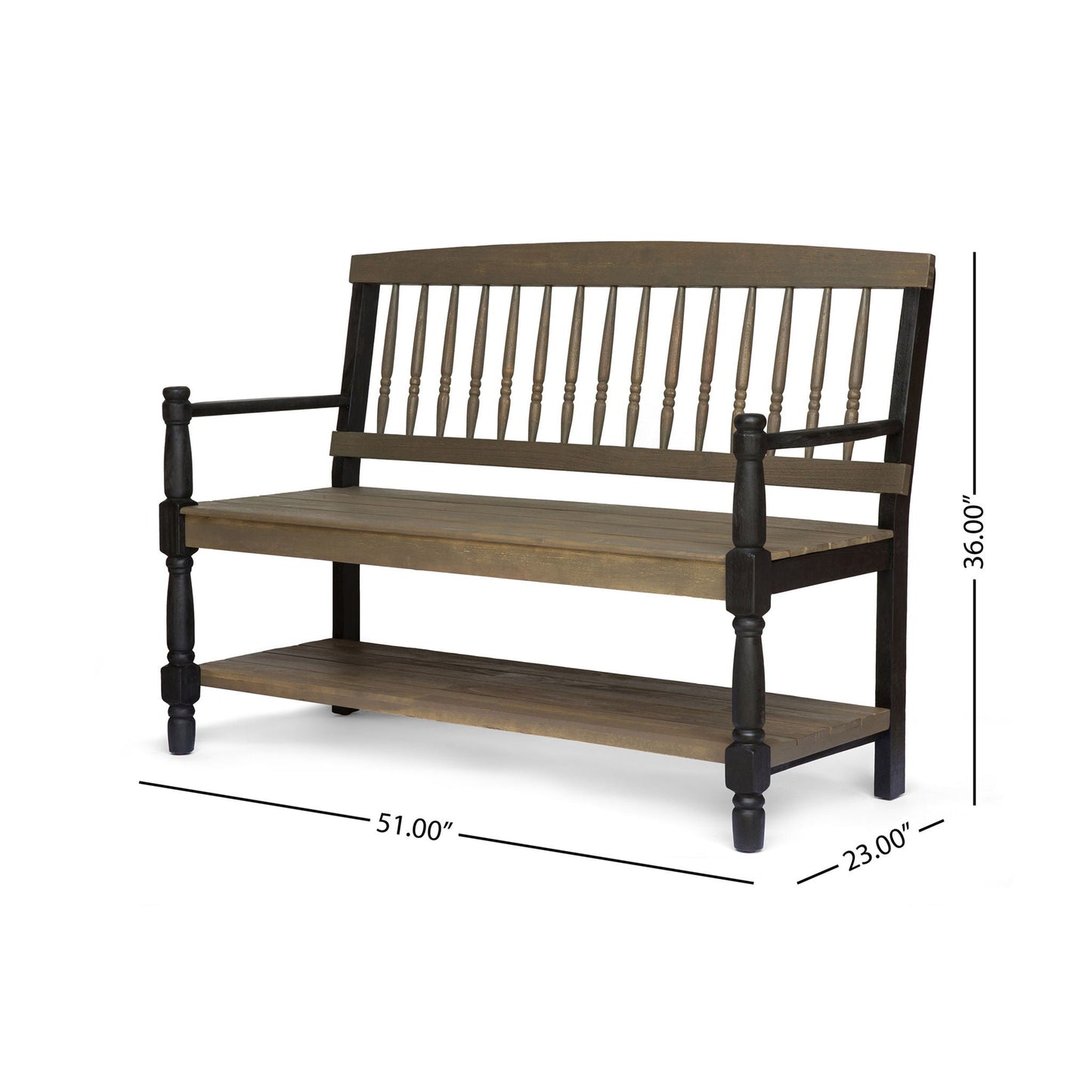 Slatted bench with built-in shelf by HouseOfZazla in brown and black wood on Tampa Home & Garden Store