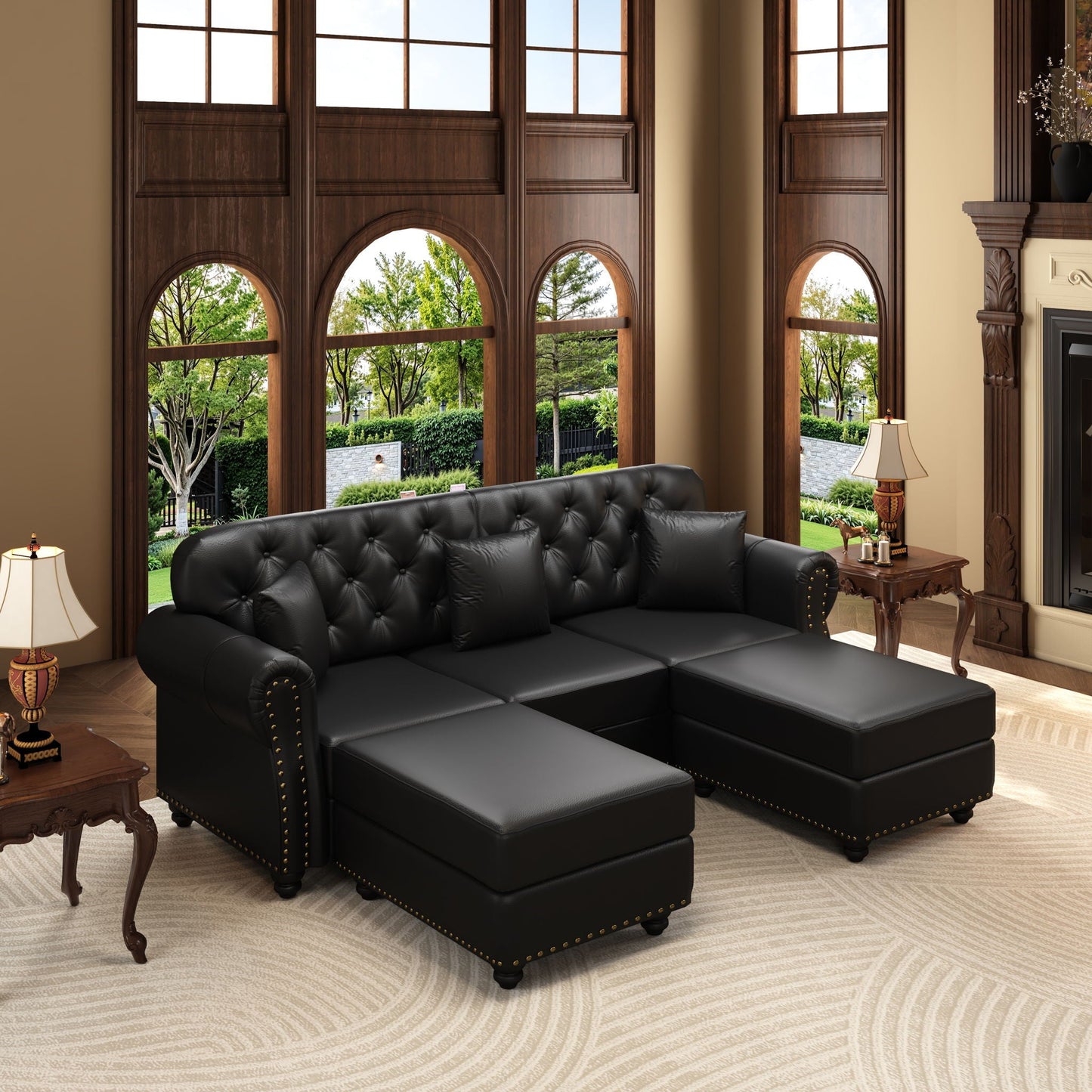 Upholstered Sofa with Nailhead and Ottoman