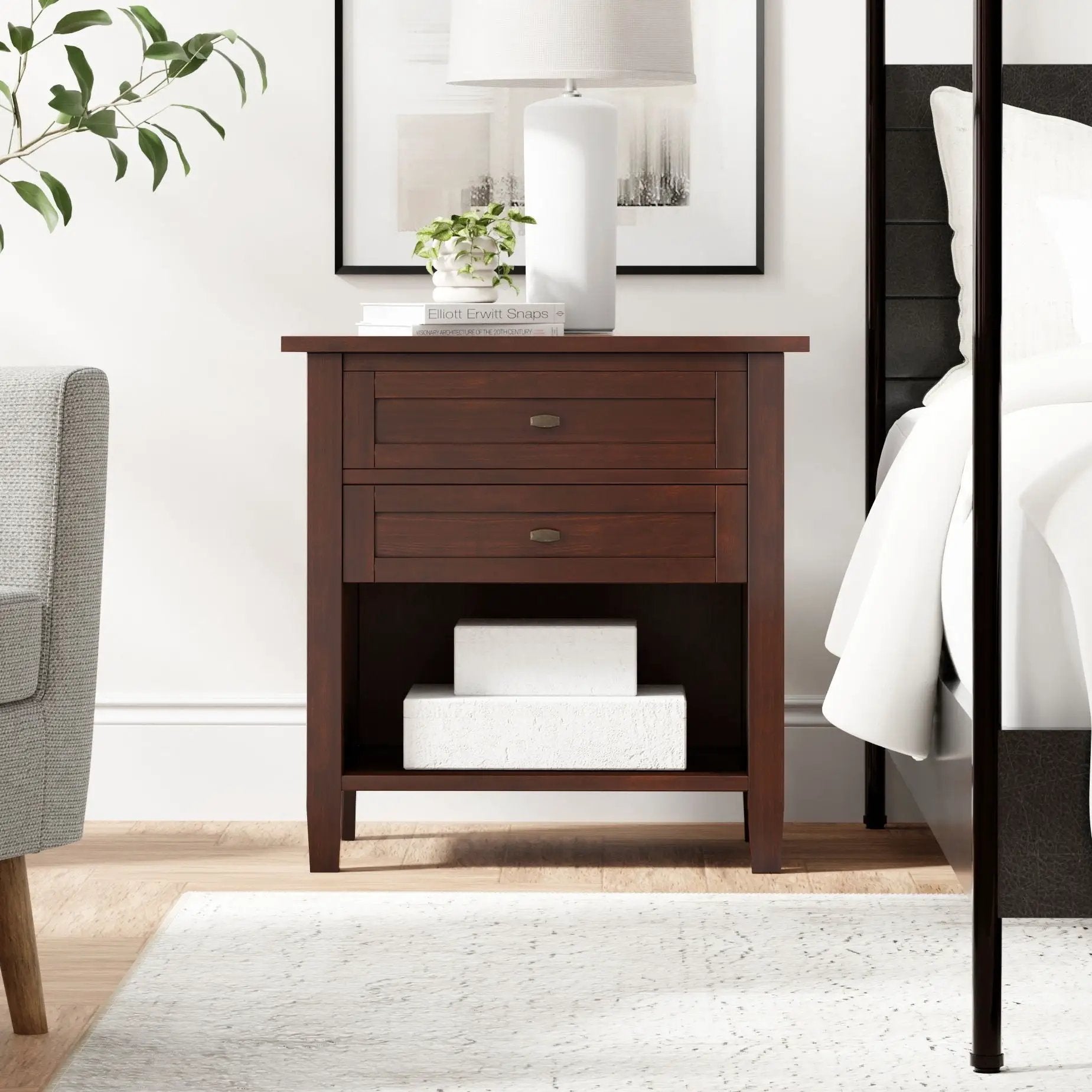 Warm Shaker bedside table in rich walnut wood with brass drawer pulls and a lamp on top on Tampa Home & Garden Store