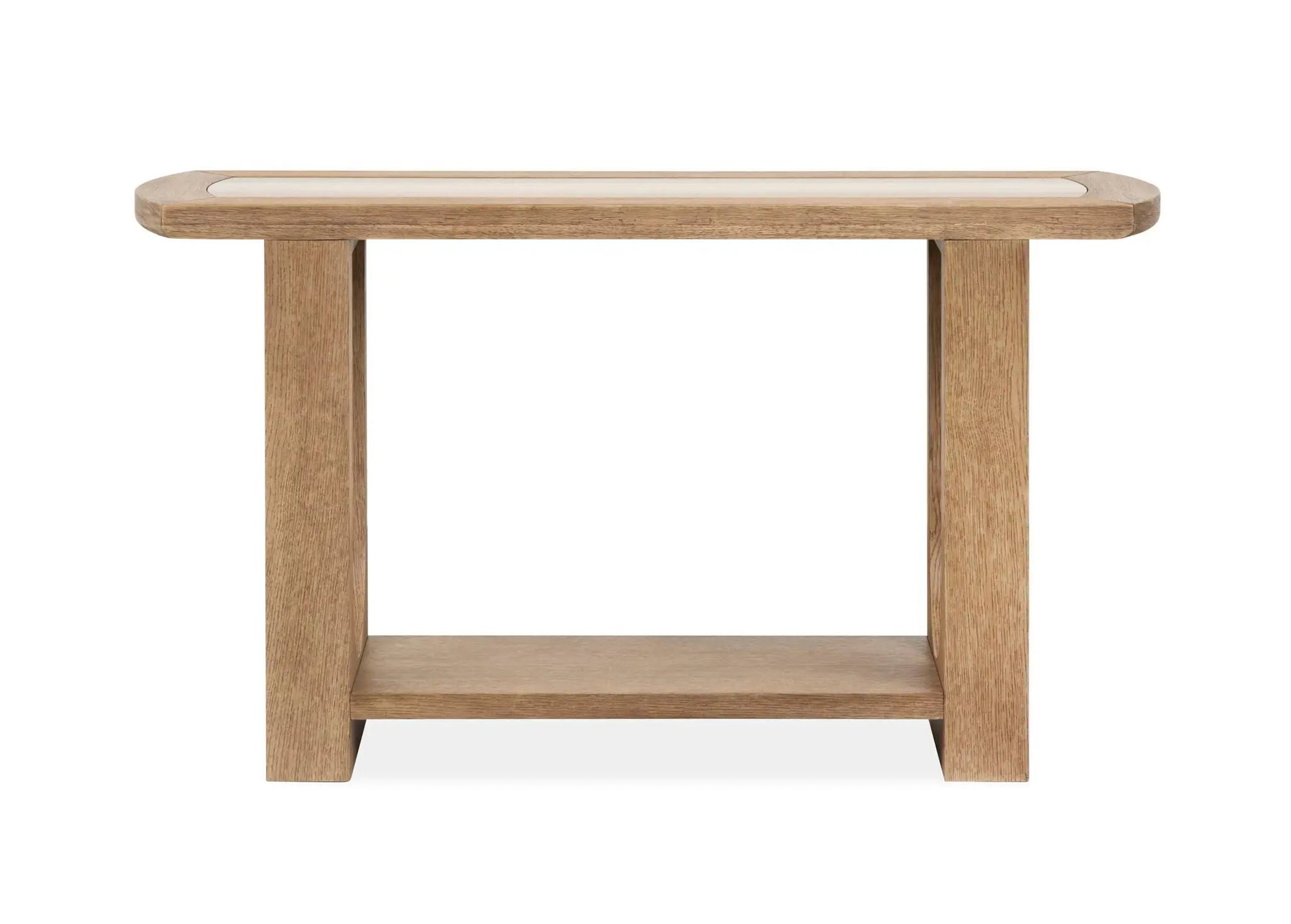 Bradford end table, rectangular top with light inlay, oak finish, open shelf on Tampa Home & Garden Store
