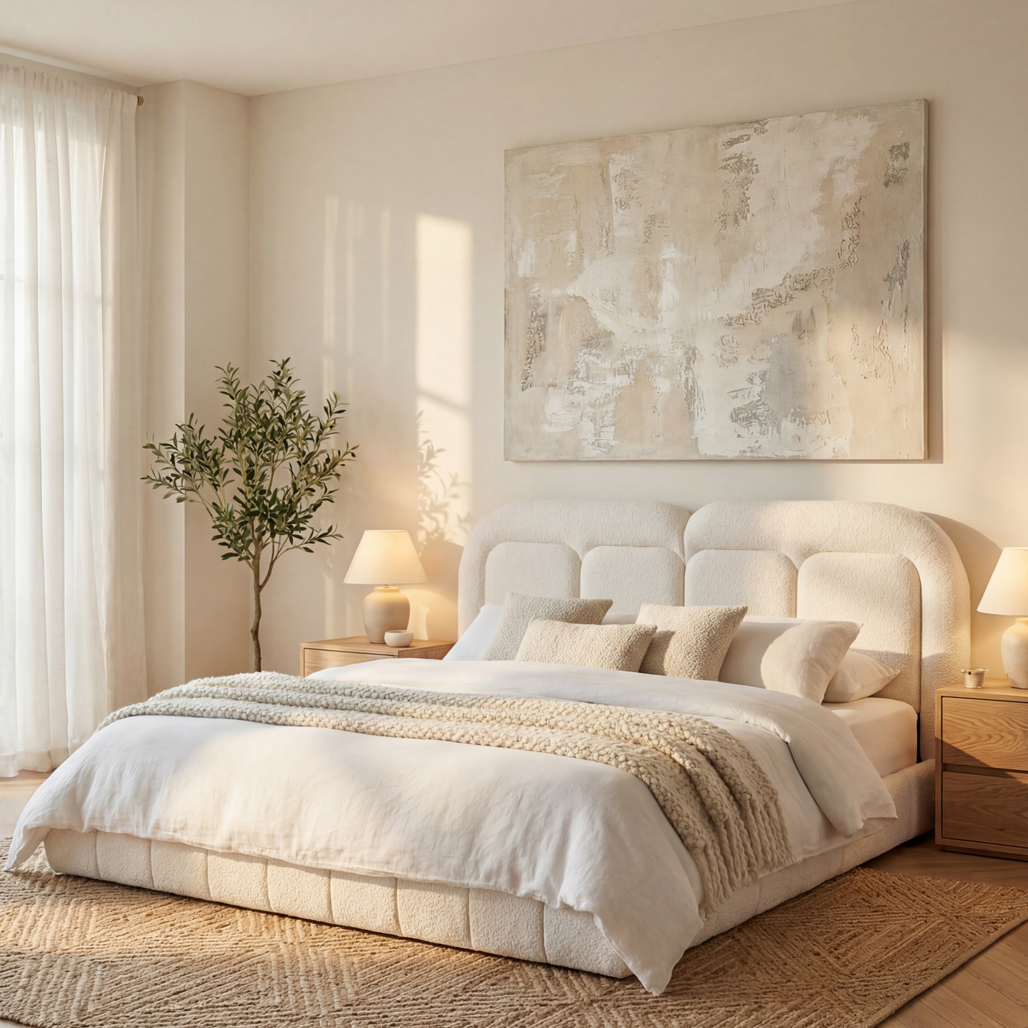 King Size Boucle Upholstered Platform Bed with Tufted Headboard in cream boucle fabric by HouseOfZazla, Beds & Bed Frames on Tampa Home & Garden Store
