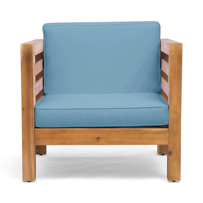 Outdoor Acacia Wood Patio Chair with Fabric Cushions blue cushions on Tampa Home & Garden Store