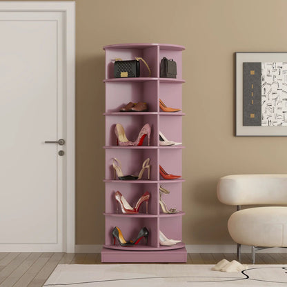 360 Rotating Shoe Cabinet 6-Layer pink shoe rack by Unique Piece Furniture displaying heels and bags on Tampa Home & Garden Store