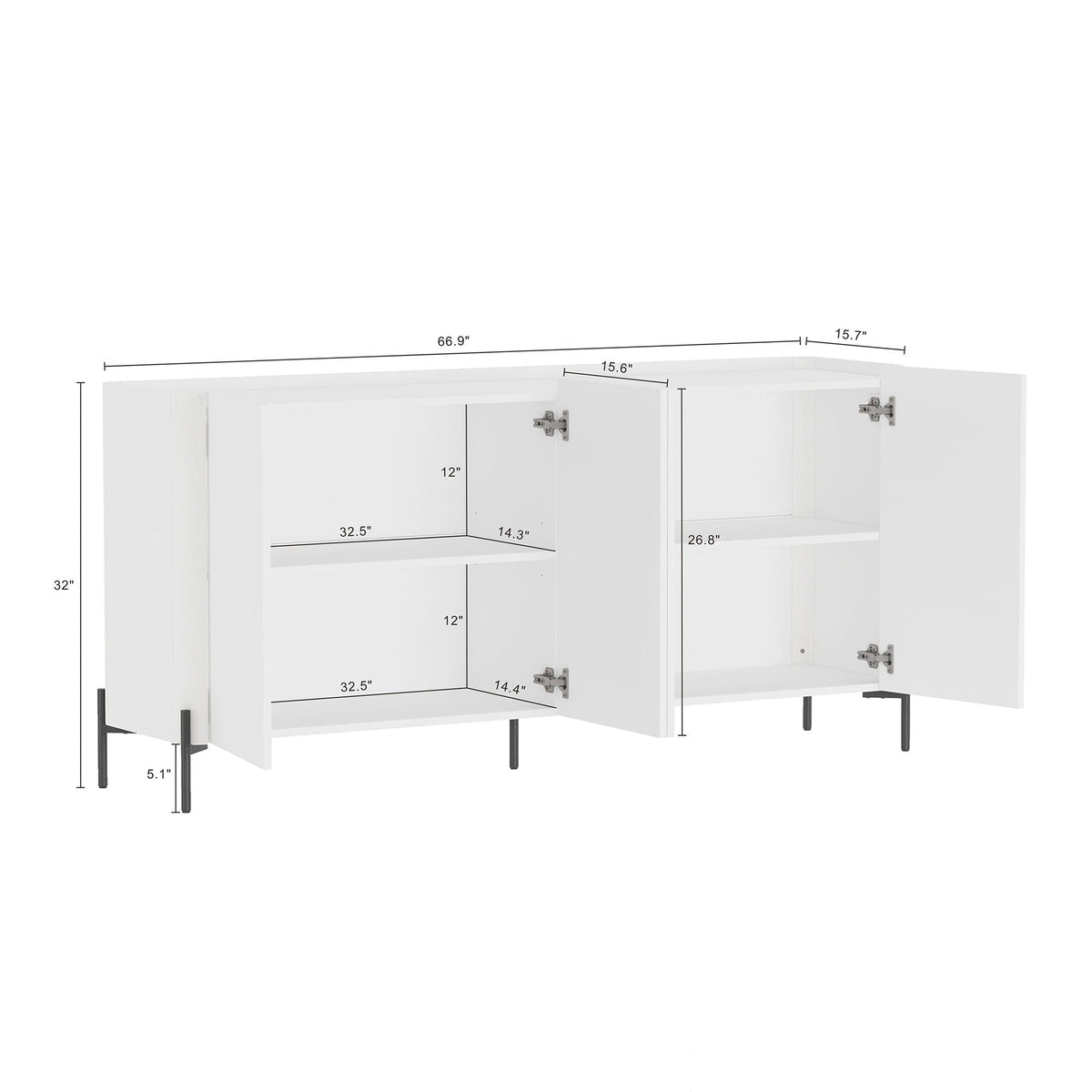 Abbey Sideboard with adjustable shelves in white finish, HouseOfZazla modern design, metal legs on Tampa Home & Garden Store