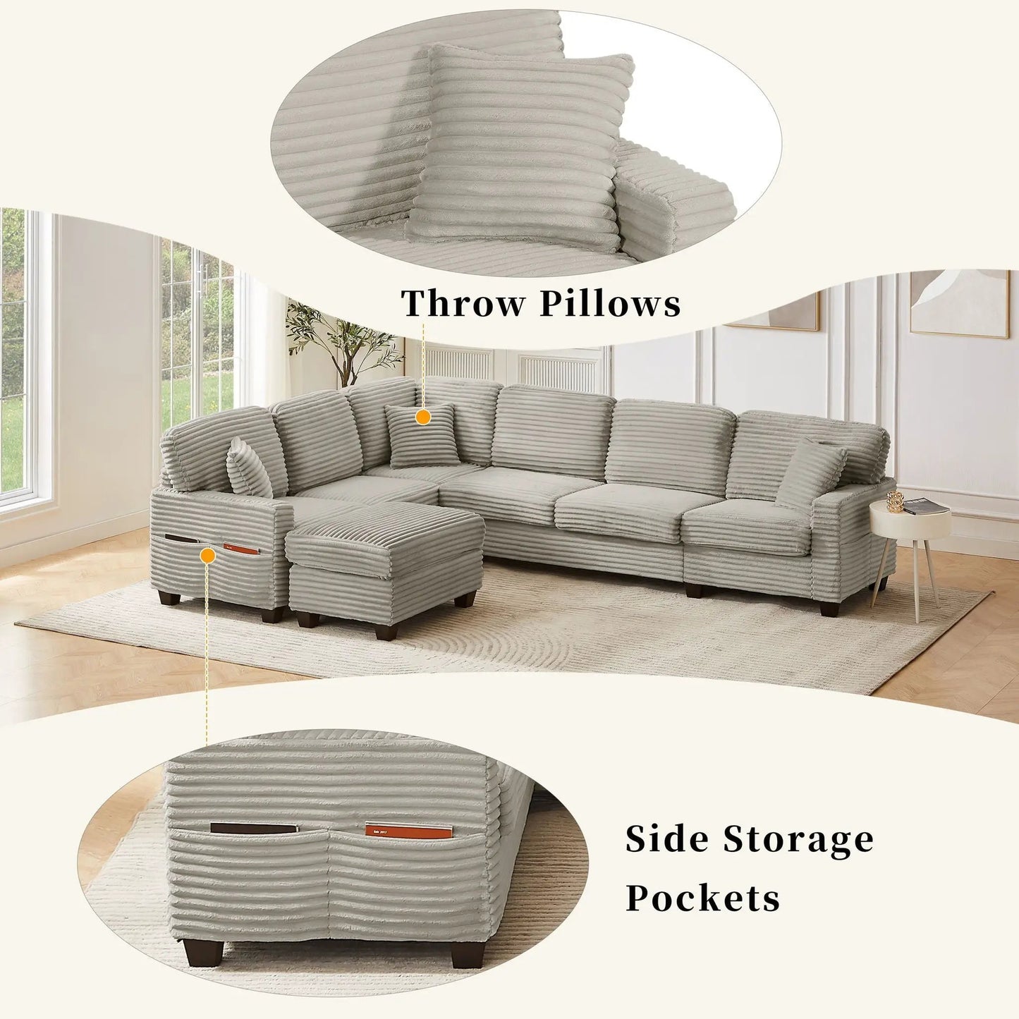 Upholstered U-shaped sectional with movable ottoman and side pockets, gray fabric, 2-piece on Tampa Home & Garden Store