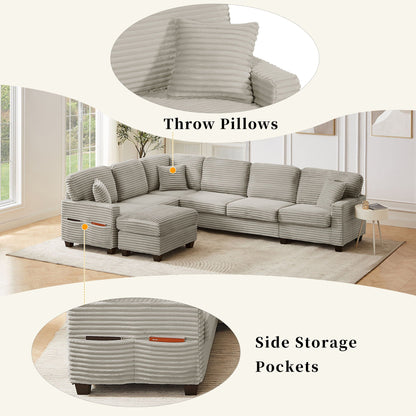 U-shaped sectional sofa with movable ottoman and side pockets in gray ribbed fabric 2pc on Tampa Home & Garden Store