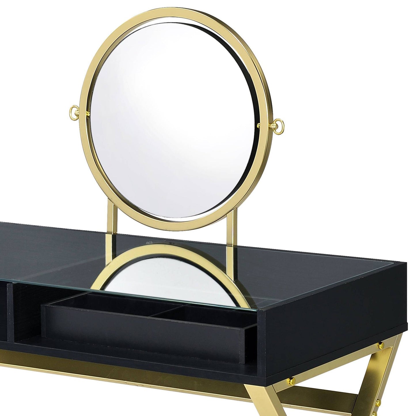 Black & Gold Finish Vanity Desk with round gold mirror and black glass shelves on Tampa Home & Garden Store