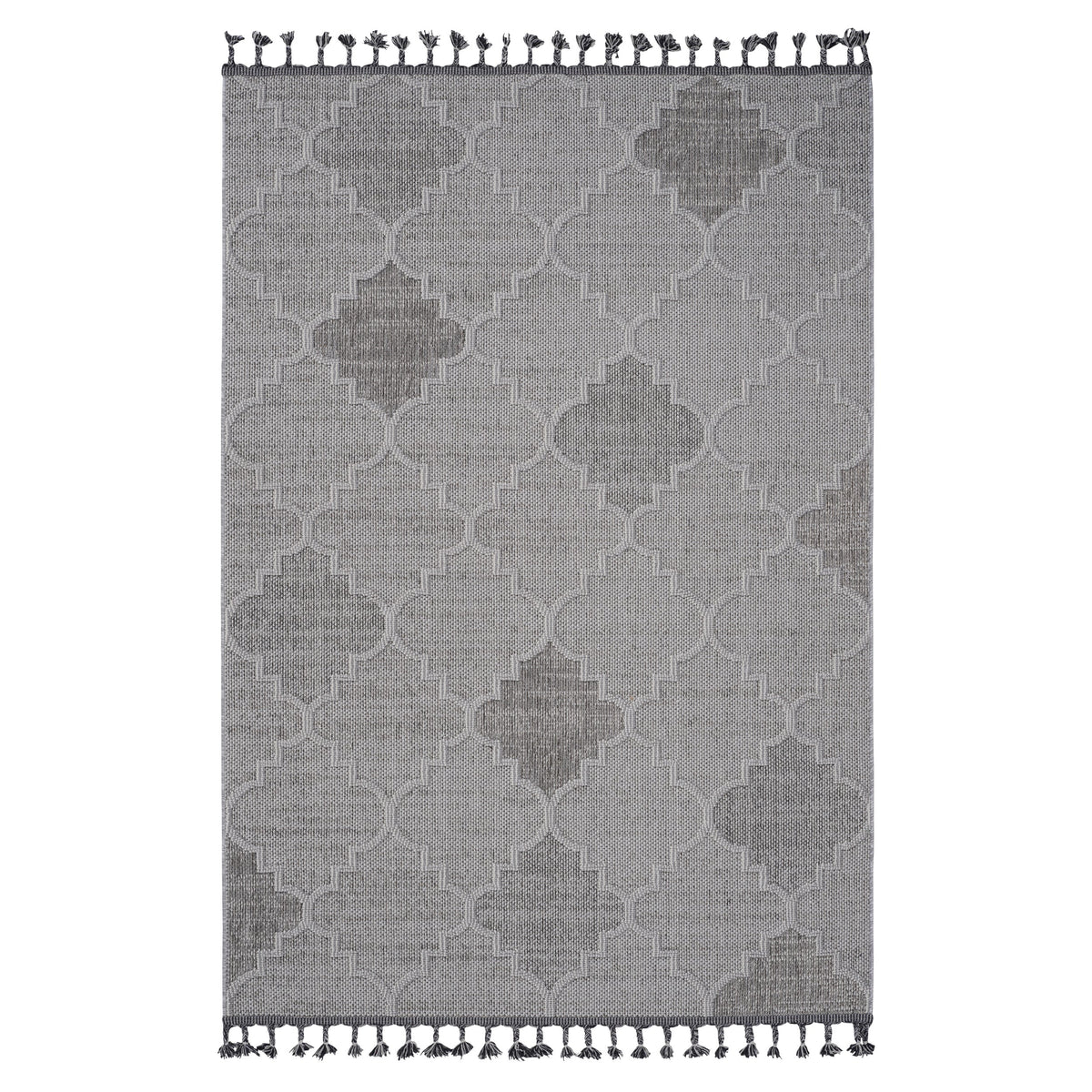 Guros Area Rug by HouseOfZazla, gray geometric lattice with fringe ends on Tampa Home & Garden Store