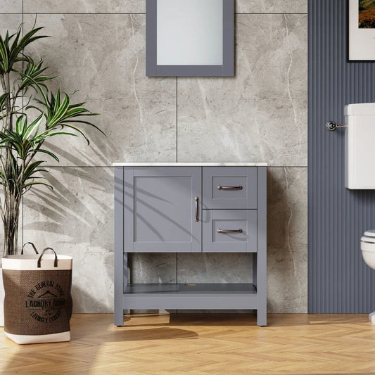 Gray bathroom vanity with mirror and top, copper hardware, Unique Piece Furniture on Tampa Home & Garden Store