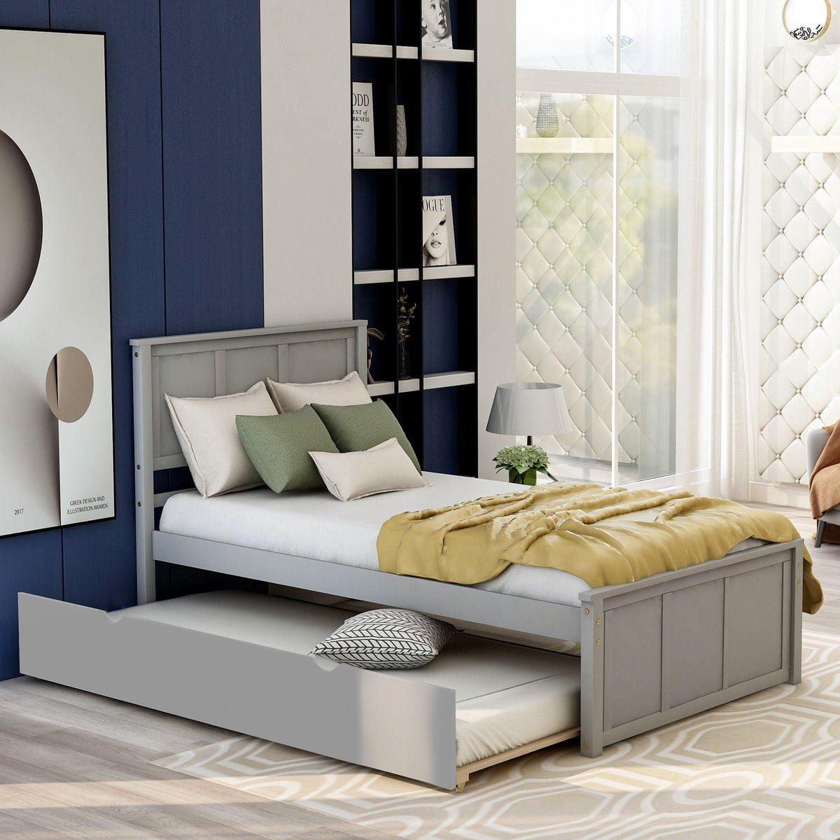 Platform bed with twin trundle in gray wood finish on Tampa Home & Garden Store