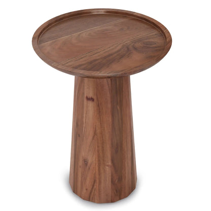 Dayton handcrafted wooden accent table with round top and visible grain pedestal base on Tampa Home & Garden Store