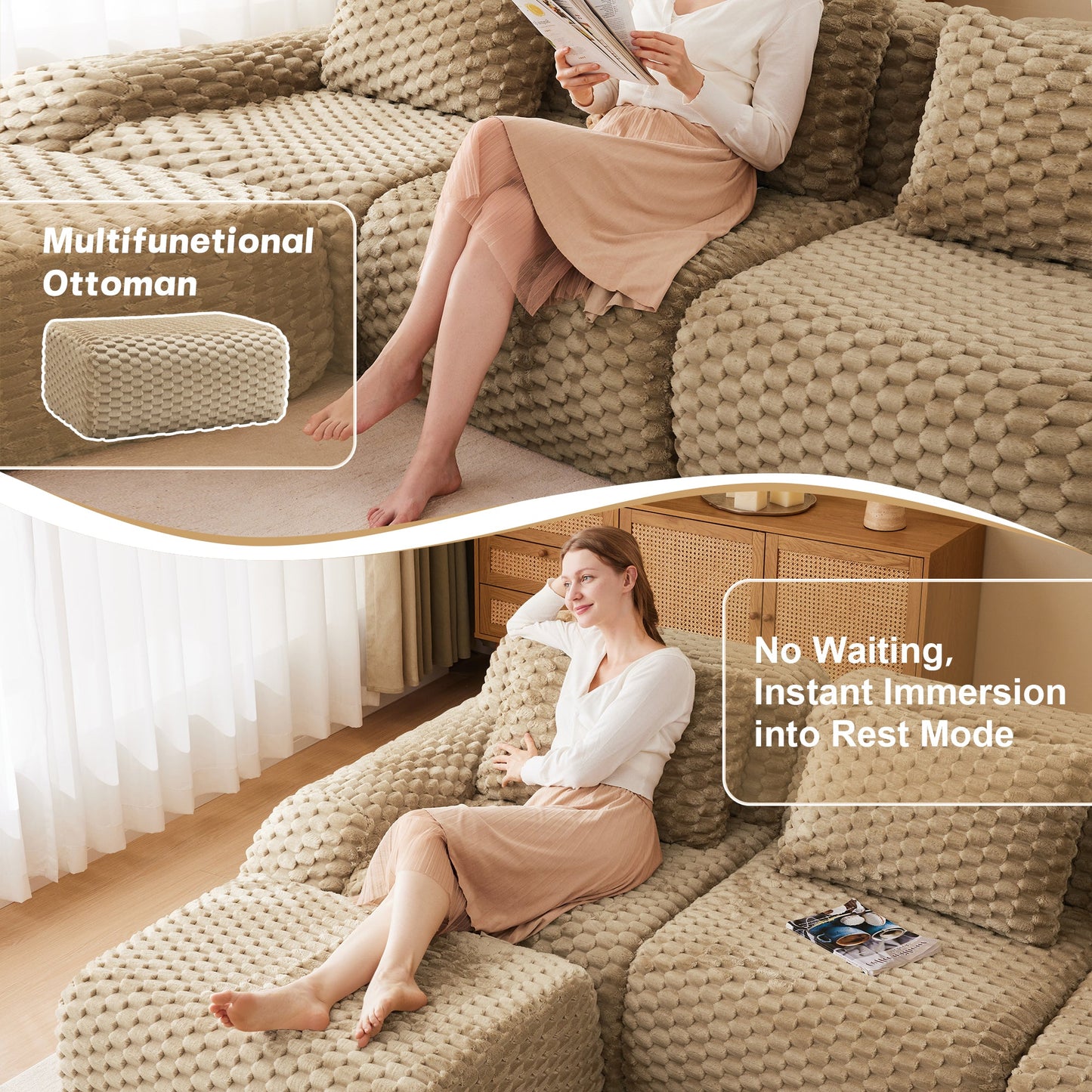 146in Modern U-Shaped Modular Sofa in beige textured fabric with ottoman by HouseOfZazla on Tampa Home & Garden Store