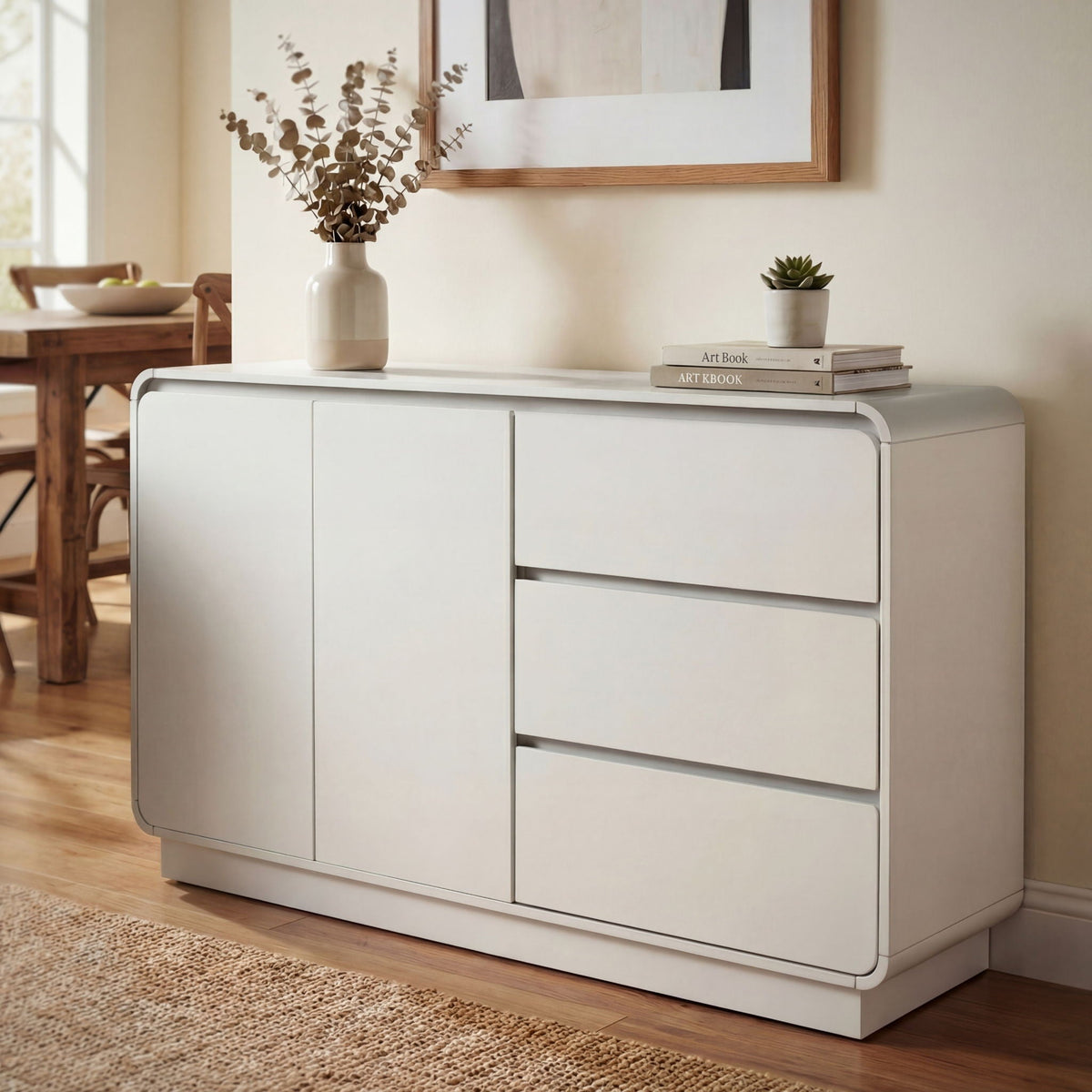 Wide storage sideboard with 2 doors and 3 drawers in white finish, modern living room storage on Tampa Home & Garden Store