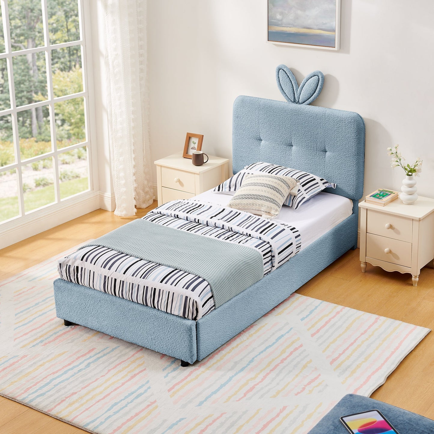 Twin size kids upholstered bed with oversized blue rabbit-ear headboard HouseOfZazla on Tampa Home & Garden Store