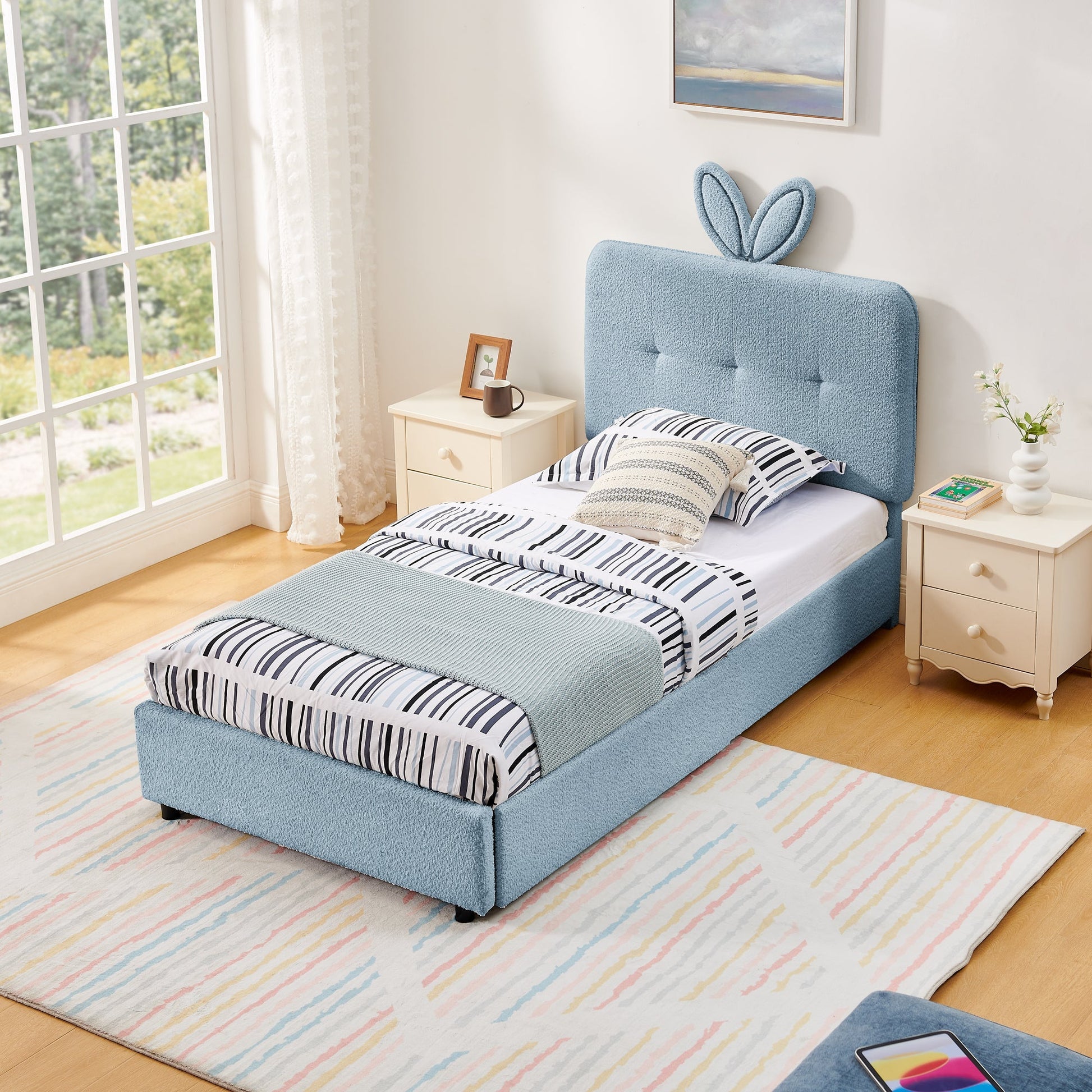 Twin size kids upholstered bed with oversized blue rabbit-ear headboard HouseOfZazla on Tampa Home & Garden Store
