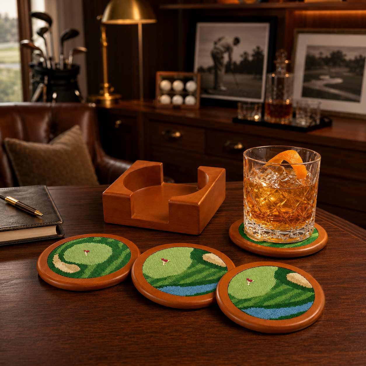 Set of Four Wooden Golf Coasters With Holder