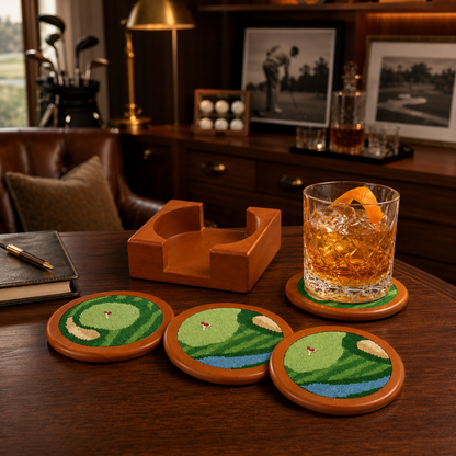 Set of Four Wooden Golf Coasters With Holder